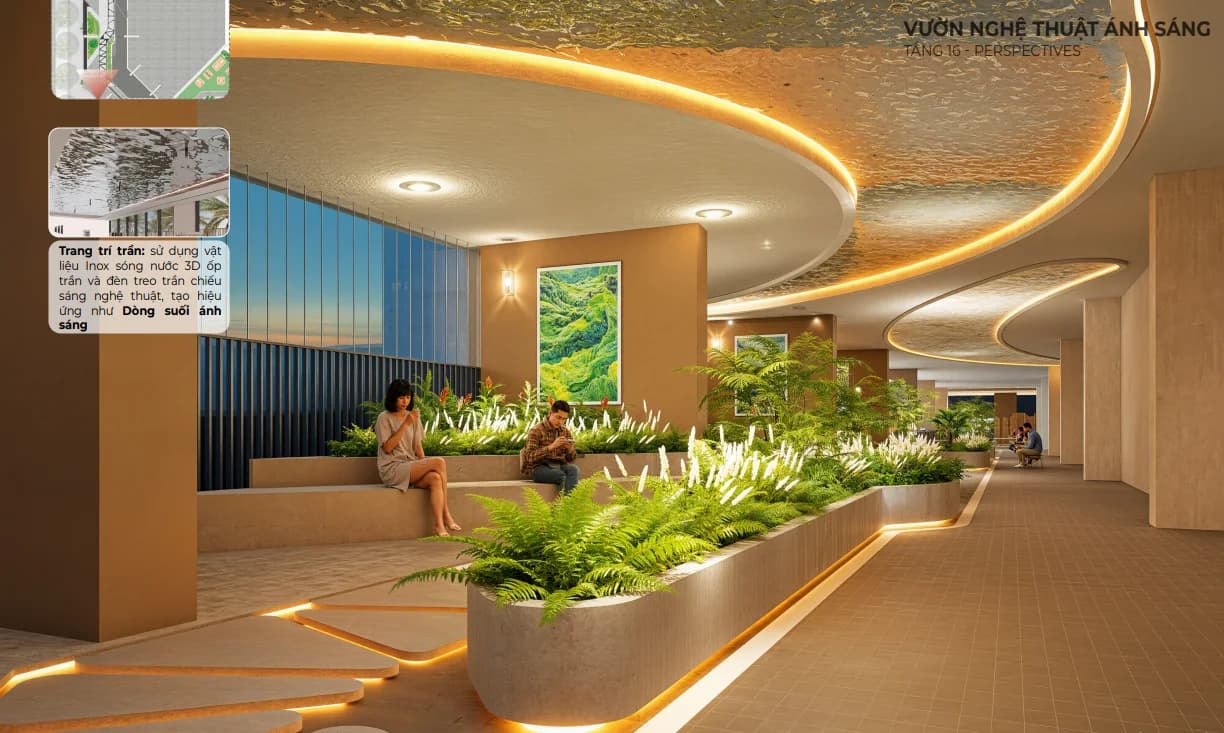 Vườn Nghệ Thuật Ánh Sáng tầng 16 EcoPalace Đắk Lắk – trần Inox sóng nước 3D dòng suối ánh sáng