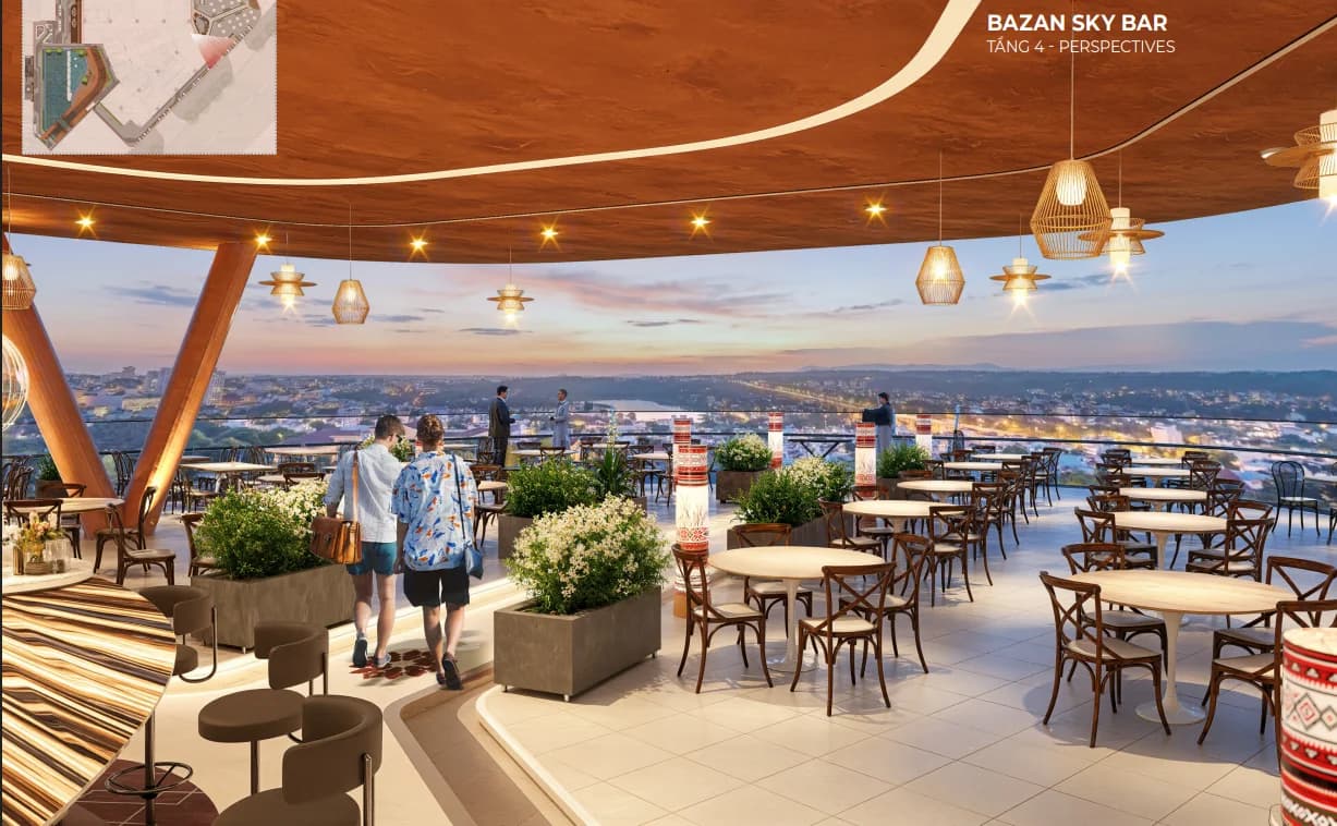 Bazan Sky Bar tầng 4 EcoPalace Đắk Lắk – view toàn cảnh thành phố Buôn Ma Thuột hoàng hôn