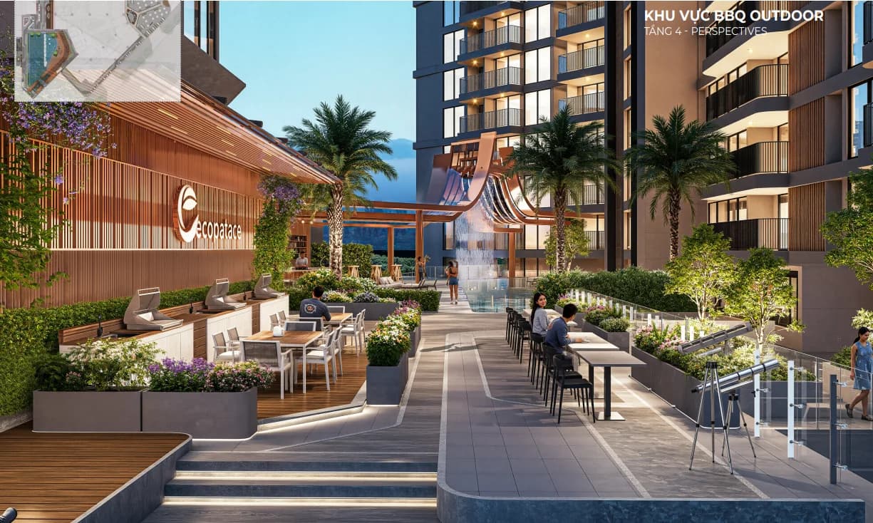 Khu vực BBQ outdoor tầng 4 EcoPalace Đắk Lắk – BBQ Family Zone view hồ bơi và thành phố