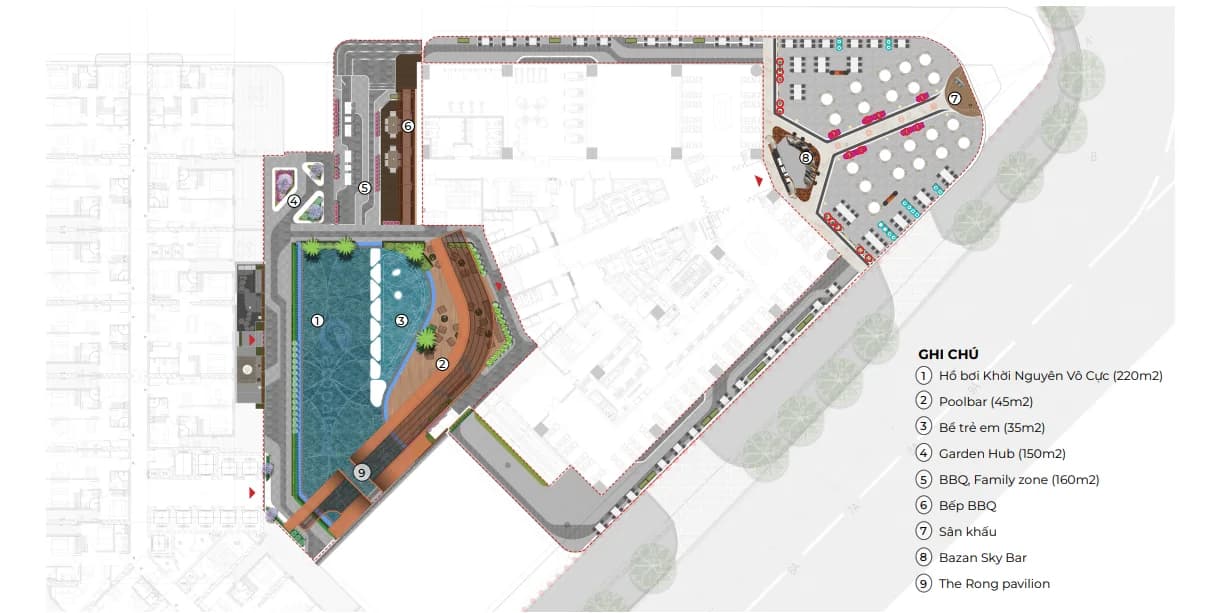 Mặt bằng tầng 4 EcoPalace Đắk Lắk – hồ bơi, Bazan Sky Bar, The Rông Pavilion, BBQ Family Zone