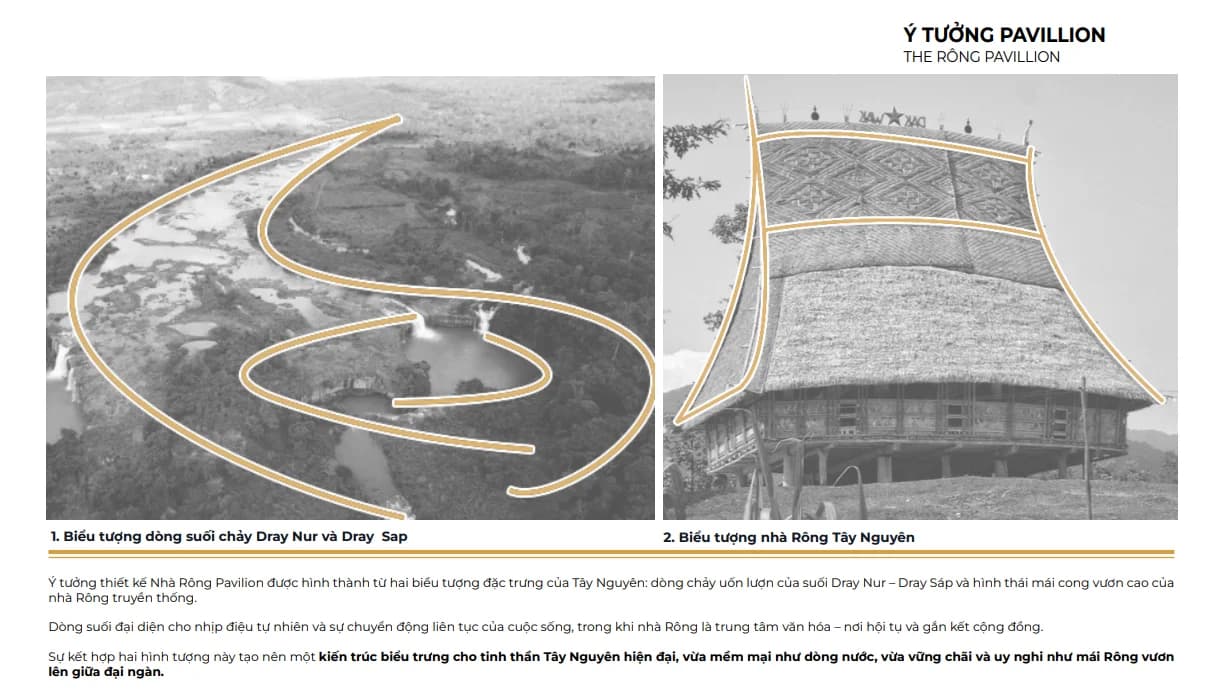 Ý tưởng thiết kế The Rông Pavilion EcoPalace – suối Dray Nur và nhà Rông Tây Nguyên